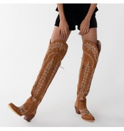 Embroidered Cowboy Boots for Women Lace up Thigh High Boots Wide Calf Over The Knee Boots Side Zip Western Cowgirl Boots Brow...