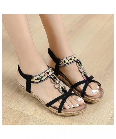 Summer Fashion Women Casual Open Toe Flat Rhinestone Comfortable Soft Bottom Breathable Elastic Band Shoes Sandals Womens Pla...