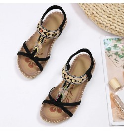 Summer Fashion Women Casual Open Toe Flat Rhinestone Comfortable Soft Bottom Breathable Elastic Band Shoes Sandals Womens Pla...