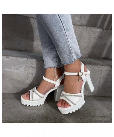 Women's Rhinestone Summer Heel Sandals Dressy Block Heel 2024 Platform Cutes Spring Trendy Peep Toe Western Buckle White $15....