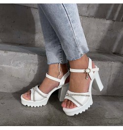 Women's Rhinestone Summer Heel Sandals Dressy Block Heel 2024 Platform Cutes Spring Trendy Peep Toe Western Buckle White $15....