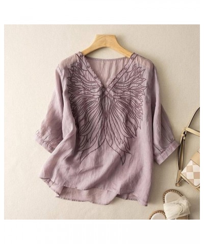 Women's Fashion Casual Five Point Sleeve Cotton and Linen V Neck Top Summer Scoop Neck Long Sleeve Shirts for Purple $10.72 A...