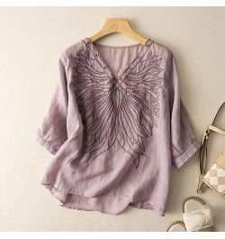 Women's Fashion Casual Five Point Sleeve Cotton and Linen V Neck Top Summer Scoop Neck Long Sleeve Shirts for Purple $10.72 A...