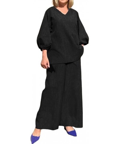 Wide Leg Dress Pant Wide Leg Blouse Pants Sets Casual Long Sleeve V Neck Shirt Pants Streetwear Graduation Black➤➤ Pants for ...