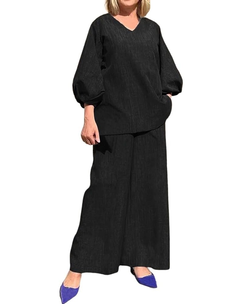 Wide Leg Dress Pant Wide Leg Blouse Pants Sets Casual Long Sleeve V Neck Shirt Pants Streetwear Graduation Black➤➤ Pants for ...