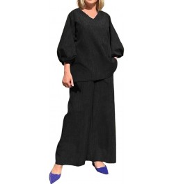 Wide Leg Dress Pant Wide Leg Blouse Pants Sets Casual Long Sleeve V Neck Shirt Pants Streetwear Graduation Black➤➤ Pants for ...