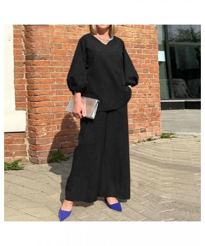 Wide Leg Dress Pant Wide Leg Blouse Pants Sets Casual Long Sleeve V Neck Shirt Pants Streetwear Graduation Black➤➤ Pants for ...