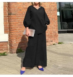 Wide Leg Dress Pant Wide Leg Blouse Pants Sets Casual Long Sleeve V Neck Shirt Pants Streetwear Graduation Black➤➤ Pants for ...