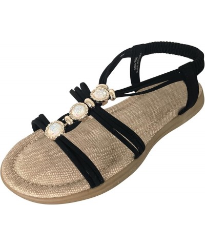 Ankle Sandals for Women Ladies Fashion Summer Rhinestone Elastic Band Flat Roman Sandals Nonslip Walking Shoes Black $17.24 S...