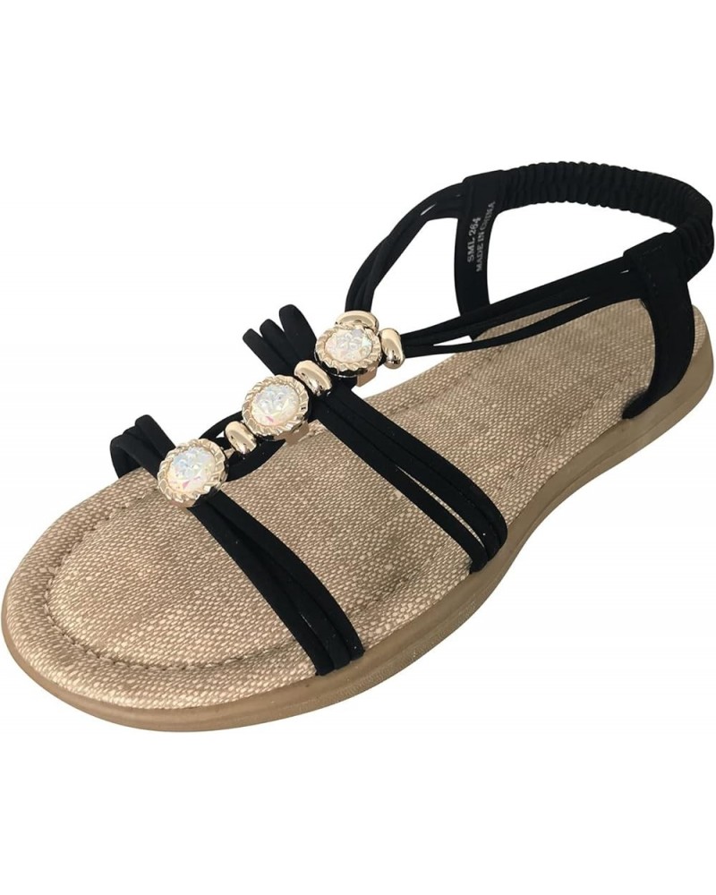 Ankle Sandals for Women Ladies Fashion Summer Rhinestone Elastic Band Flat Roman Sandals Nonslip Walking Shoes Black $17.24 S...