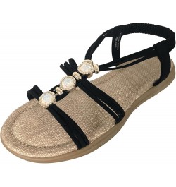 Ankle Sandals for Women Ladies Fashion Summer Rhinestone Elastic Band Flat Roman Sandals Nonslip Walking Shoes Black $17.24 S...