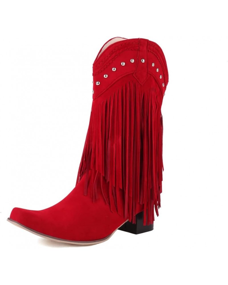 Mid Calf Fringe Cowboy Boots for Women 67 Red $27.43 Boots