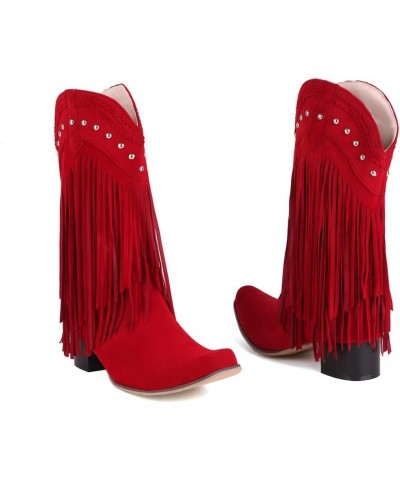 Mid Calf Fringe Cowboy Boots for Women 67 Red $27.43 Boots