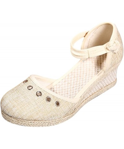 Womens Sandals Dressy Wedge Platform High Heels Ankle Strap Buckle Rhinestone Decoration Summer Shoes Linen Knitted Bottom Be...