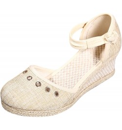 Womens Sandals Dressy Wedge Platform High Heels Ankle Strap Buckle Rhinestone Decoration Summer Shoes Linen Knitted Bottom Be...