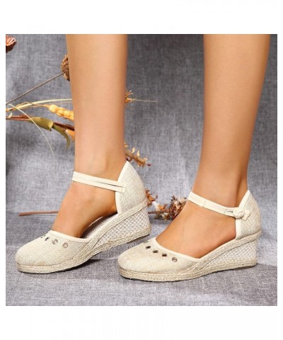 Womens Sandals Dressy Wedge Platform High Heels Ankle Strap Buckle Rhinestone Decoration Summer Shoes Linen Knitted Bottom Be...