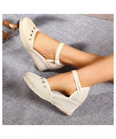 Womens Sandals Dressy Wedge Platform High Heels Ankle Strap Buckle Rhinestone Decoration Summer Shoes Linen Knitted Bottom Be...