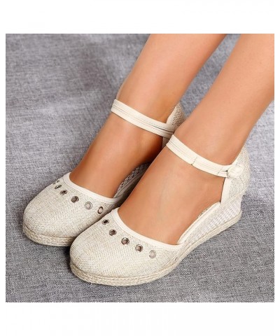 Womens Sandals Dressy Wedge Platform High Heels Ankle Strap Buckle Rhinestone Decoration Summer Shoes Linen Knitted Bottom Be...