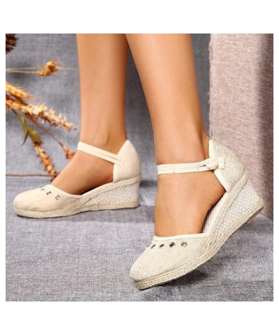 Womens Sandals Dressy Wedge Platform High Heels Ankle Strap Buckle Rhinestone Decoration Summer Shoes Linen Knitted Bottom Be...