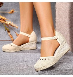 Womens Sandals Dressy Wedge Platform High Heels Ankle Strap Buckle Rhinestone Decoration Summer Shoes Linen Knitted Bottom Be...