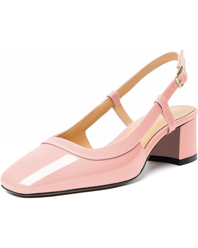 Slingback Low Block Chunky Heels Pumps 2 Inch Closed Square Toe Shoes Women Heeled Sandals Patent Pink $33.79 Sandals