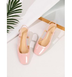 Slingback Low Block Chunky Heels Pumps 2 Inch Closed Square Toe Shoes Women Heeled Sandals Patent Pink $33.79 Sandals