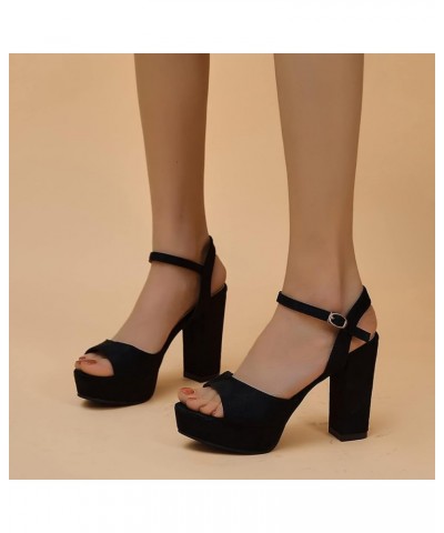 Ladies Fashion Solid Color Suede Open Toe Buckle Thick High Heel Sandals Wide Sandals for Women with Arch Support Black $24.1...