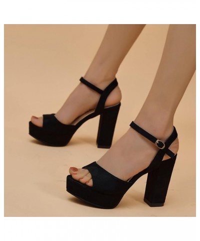 Ladies Fashion Solid Color Suede Open Toe Buckle Thick High Heel Sandals Wide Sandals for Women with Arch Support Black $24.1...