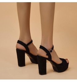 Ladies Fashion Solid Color Suede Open Toe Buckle Thick High Heel Sandals Wide Sandals for Women with Arch Support Black $24.1...