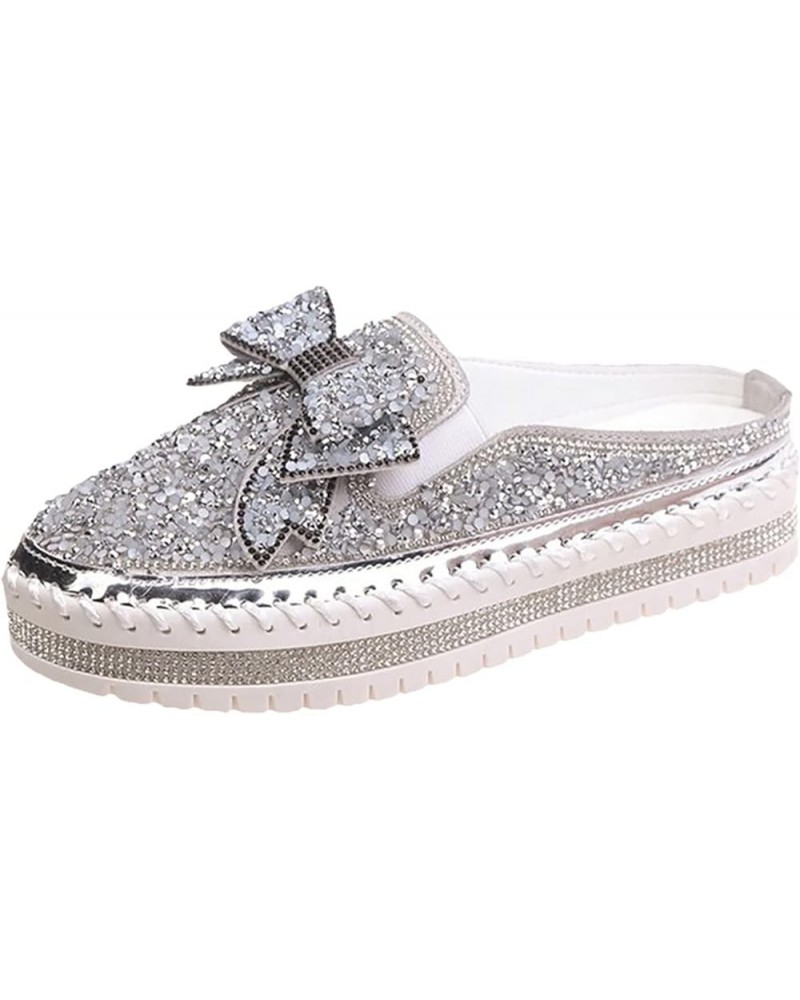 Women's Slip On Mule Shoes Rhinestones Glitter Bow Loafer Shoes Ladies Platform Comfort Work Shoes Non Slip Flat Casual Shoes...