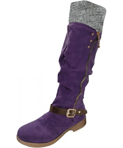 Cowboy Boots for Women,Leather Mid Calf Knee High Fashion Vintage Boots Western Squared Toe Chunky Heel Booties C1-purple $13...