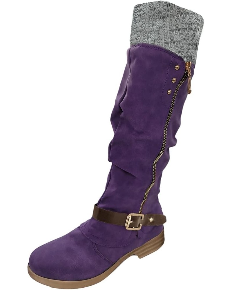 Cowboy Boots for Women,Leather Mid Calf Knee High Fashion Vintage Boots Western Squared Toe Chunky Heel Booties C1-purple $13...