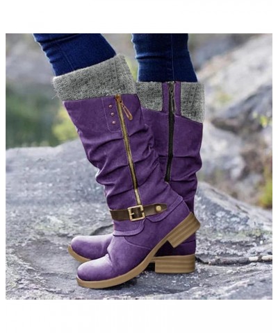 Cowboy Boots for Women,Leather Mid Calf Knee High Fashion Vintage Boots Western Squared Toe Chunky Heel Booties C1-purple $13...