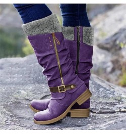 Cowboy Boots for Women,Leather Mid Calf Knee High Fashion Vintage Boots Western Squared Toe Chunky Heel Booties C1-purple $13...