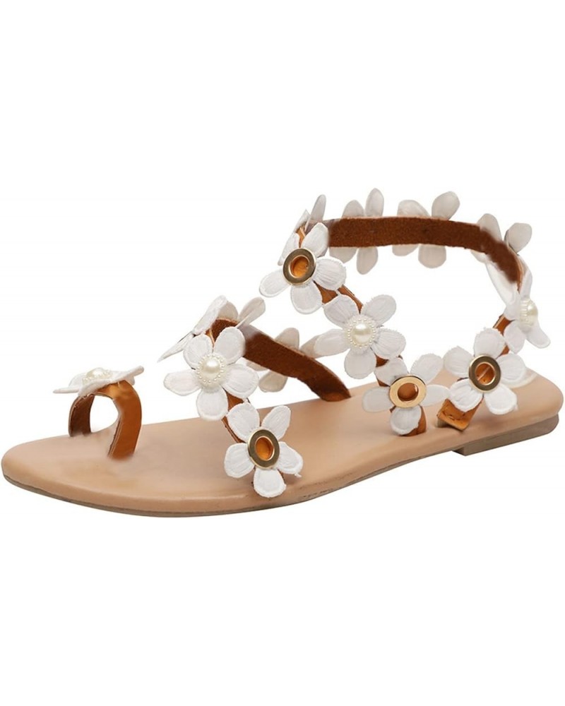 Womens Shoes Sandals Women's White Ring Toe Floral Flat Sandals Comfortable Solid Color Womens Sandal Shoes White-1 $12.42 Sa...