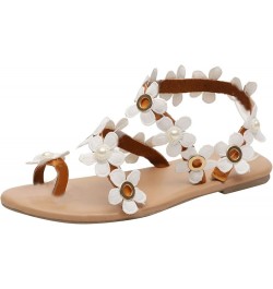 Womens Shoes Sandals Women's White Ring Toe Floral Flat Sandals Comfortable Solid Color Womens Sandal Shoes White-1 $12.42 Sa...