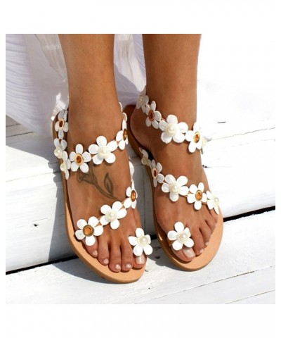 Womens Shoes Sandals Women's White Ring Toe Floral Flat Sandals Comfortable Solid Color Womens Sandal Shoes White-1 $12.42 Sa...