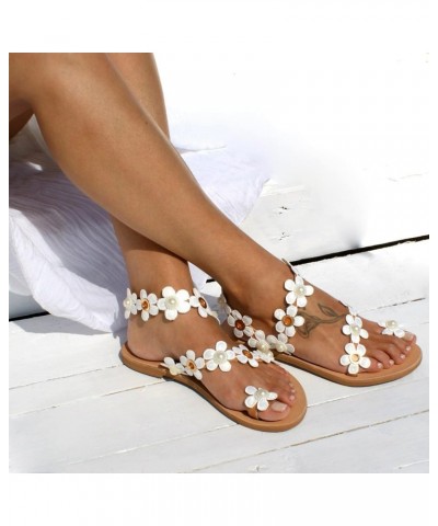 Womens Shoes Sandals Women's White Ring Toe Floral Flat Sandals Comfortable Solid Color Womens Sandal Shoes White-1 $12.42 Sa...