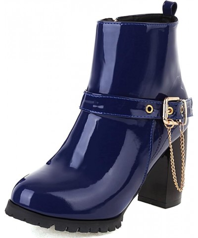 Women Block Heel Short Boots With Buckle Women Round Toe Ankle Boots Women Fashion Winter Boots Blue $25.99 Boots