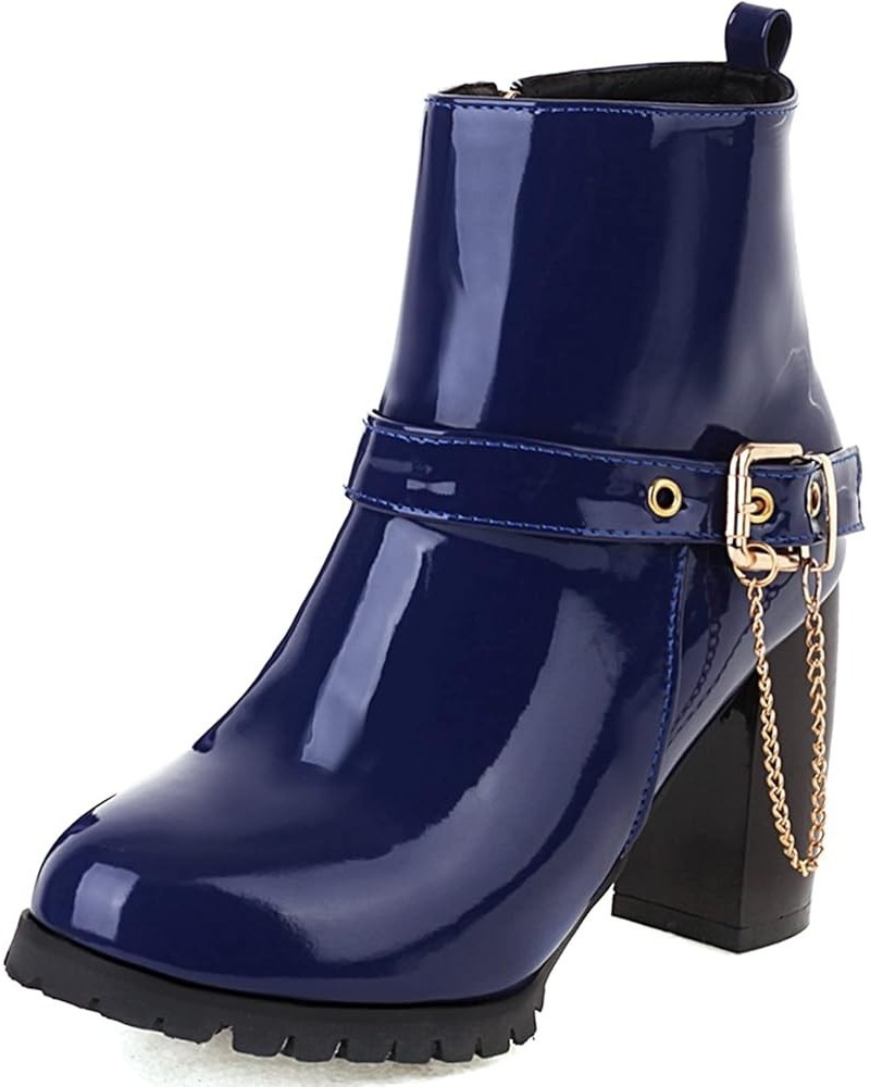 Women Block Heel Short Boots With Buckle Women Round Toe Ankle Boots Women Fashion Winter Boots Blue $25.99 Boots