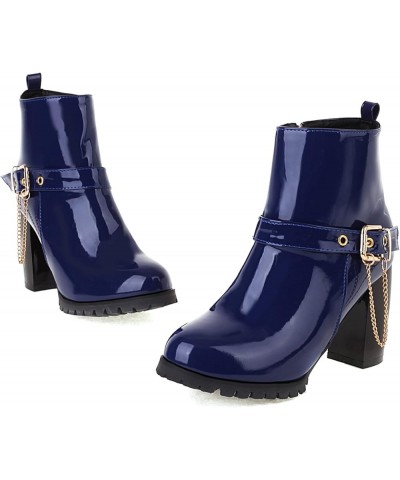 Women Block Heel Short Boots With Buckle Women Round Toe Ankle Boots Women Fashion Winter Boots Blue $25.99 Boots