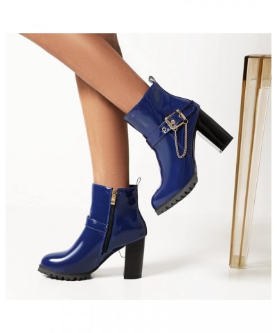 Women Block Heel Short Boots With Buckle Women Round Toe Ankle Boots Women Fashion Winter Boots Blue $25.99 Boots