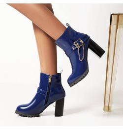 Women Block Heel Short Boots With Buckle Women Round Toe Ankle Boots Women Fashion Winter Boots Blue $25.99 Boots