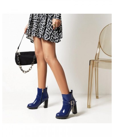 Women Block Heel Short Boots With Buckle Women Round Toe Ankle Boots Women Fashion Winter Boots Blue $25.99 Boots