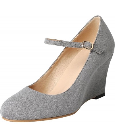 Womens Wedge Ankle Strap Pumps Mary Jane Round Toe High Heel Shoes Grey $29.48 Pumps