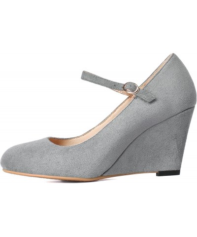 Womens Wedge Ankle Strap Pumps Mary Jane Round Toe High Heel Shoes Grey $29.48 Pumps