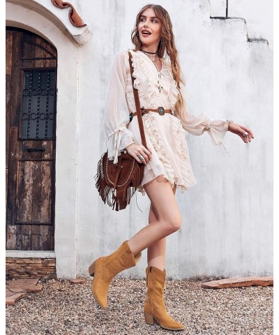 Womens Mid Calf Slouchy Boots Wide Calf Chunky Block Heel Cowgirl Suede Western Zip Boots Brown $22.87 Boots