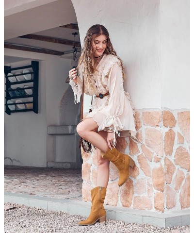 Womens Mid Calf Slouchy Boots Wide Calf Chunky Block Heel Cowgirl Suede Western Zip Boots Brown $22.87 Boots