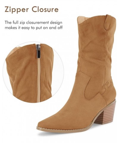 Womens Mid Calf Slouchy Boots Wide Calf Chunky Block Heel Cowgirl Suede Western Zip Boots Brown $22.87 Boots