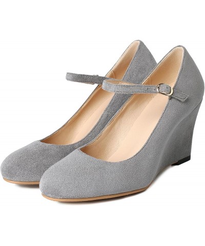 Womens Wedge Ankle Strap Pumps Mary Jane Round Toe High Heel Shoes Grey $29.48 Pumps